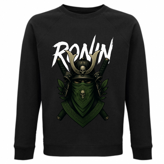 Felpa nera con stampa Ronin verde in stile samurai giapponese e scritta Capobranco, vista frontale.
