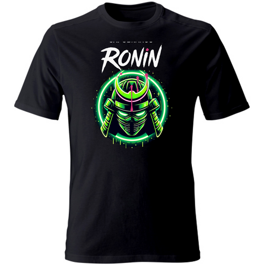 T-shirt nera Capobranco Ronin con stampa samurai verde acido, stile urban oversize.