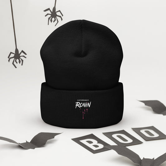Black Capobranco Ronin beanie hat on dark Halloween-themed background – urban streetwear cuffed knit hat for cold weather