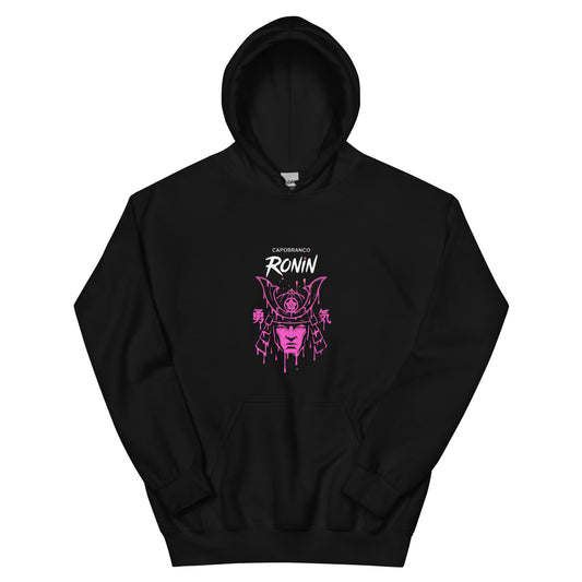 Front view of Capobranco Ronin Neon Hoodie – black hoodie with bold fuchsia samurai helmet graphic, urban streetwear style.