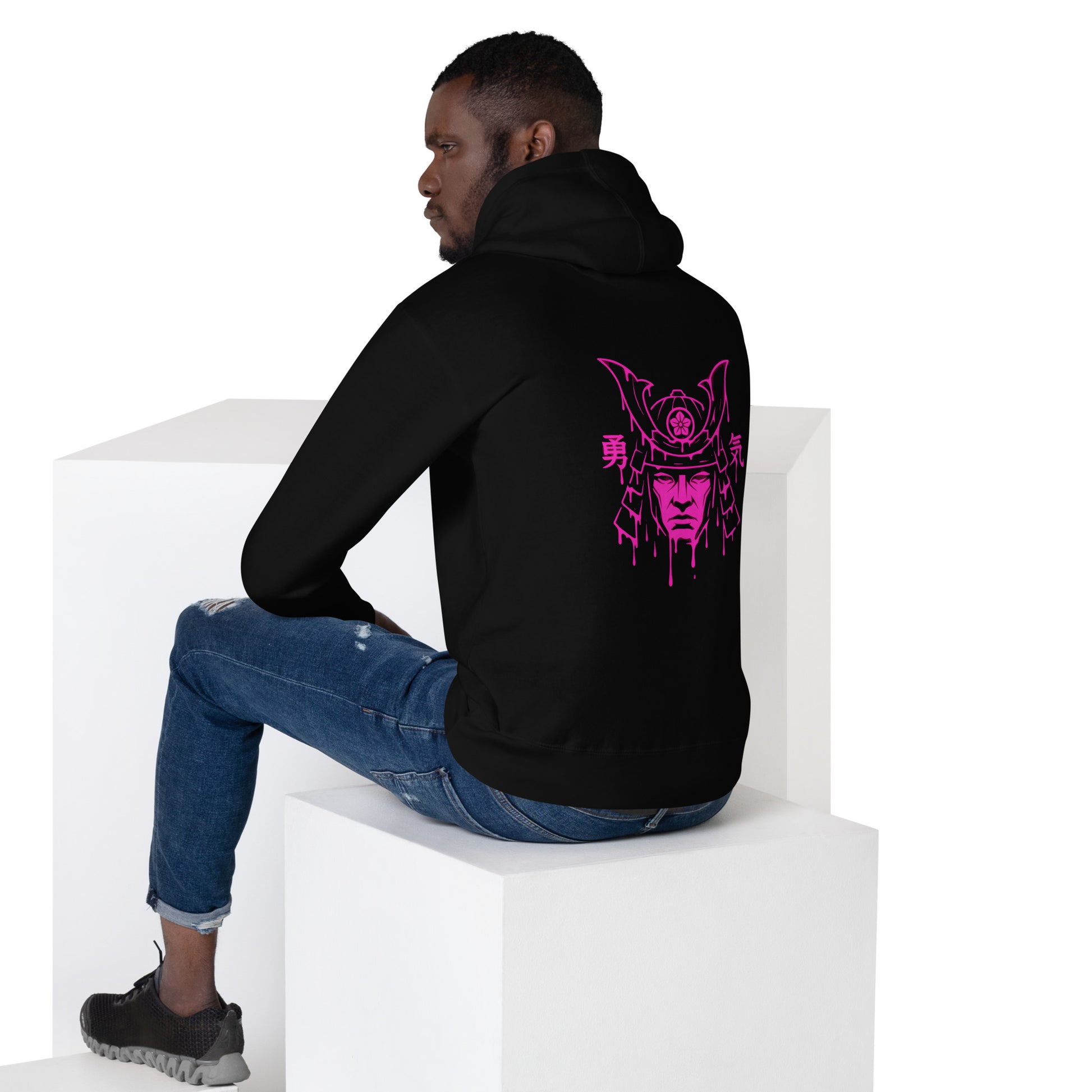 Back view of the Capobranco Ronin Neon Hoodie – fuchsia samurai helmet design on black hoodie, streetwear collection.
