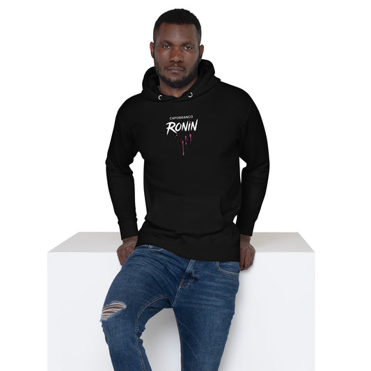Capobranco Ronin Neon Hoodie – front view of black unisex hoodie with fuchsia samurai text, urban streetwear style.