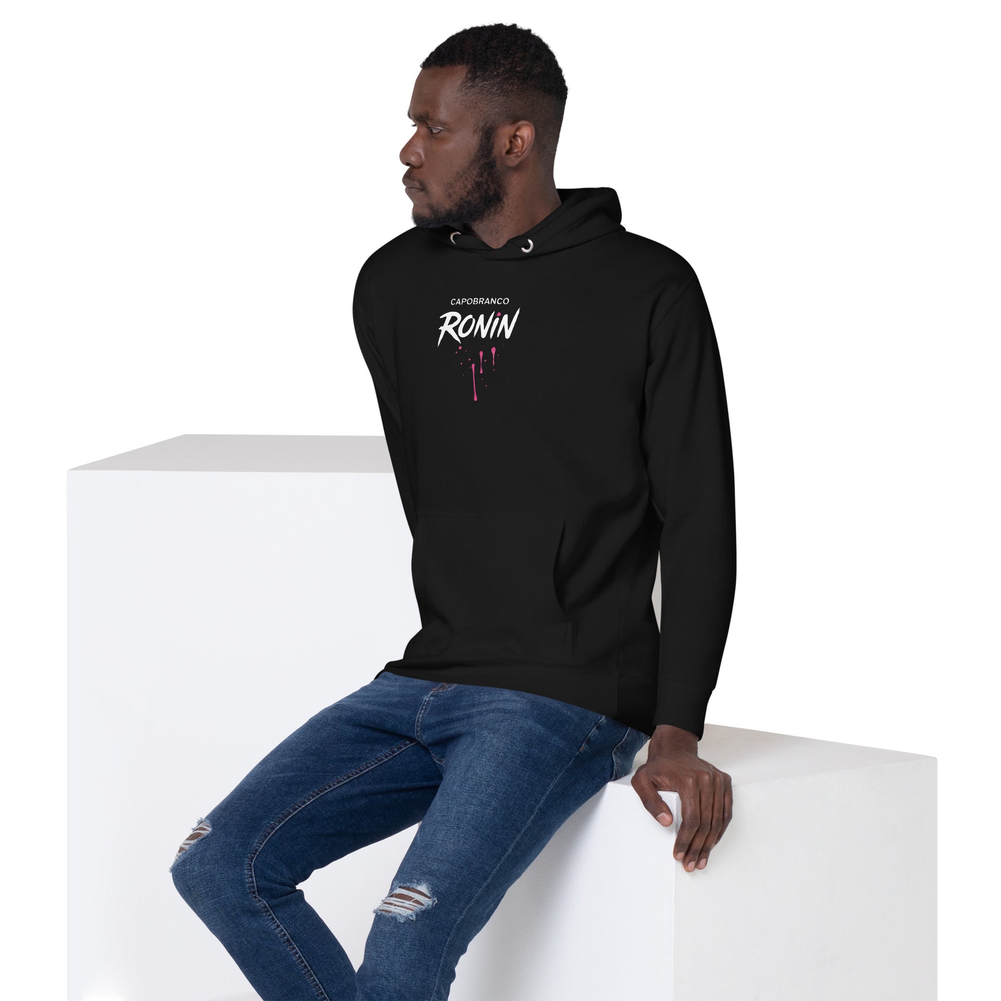 Side view of unisex Capobranco Ronin Hoodie – black hoodie with urban fit and minimal front design.